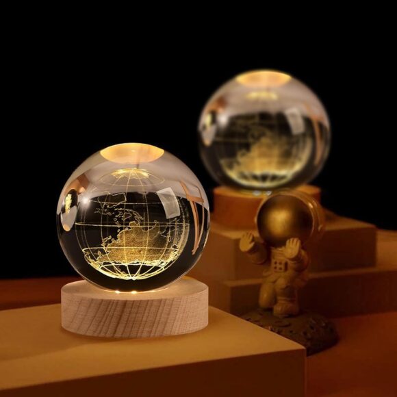 3D Earth Crystal Ball Night Lamp – USB LED Light on Wooden Base with Engraved Earth Design for Bedroom, Office, and Gift Décor - Image 5