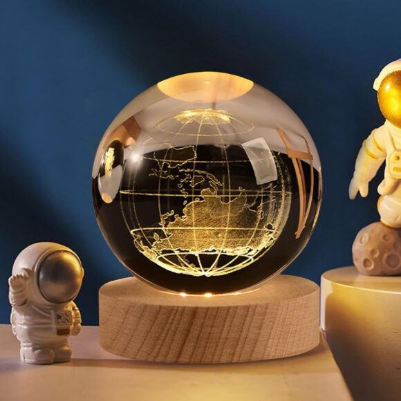 3D Earth Crystal Ball Night Lamp – USB LED Light on Wooden Base with Engraved Earth Design for Bedroom, Office, and Gift Décor - Image 4