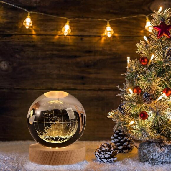 3D Earth Crystal Ball Night Lamp – USB LED Light on Wooden Base with Engraved Earth Design for Bedroom, Office, and Gift Décor - Image 2