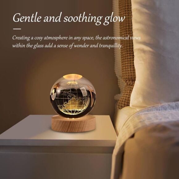 3D Earth Crystal Ball Night Lamp – USB LED Light on Wooden Base with Engraved Earth Design for Bedroom, Office, and Gift Décor - Image 6