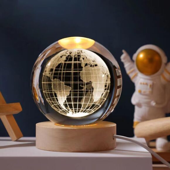 3D Earth Crystal Ball Night Lamp – USB LED Light on Wooden Base with Engraved Earth Design for Bedroom, Office, and Gift Décor - Image 3