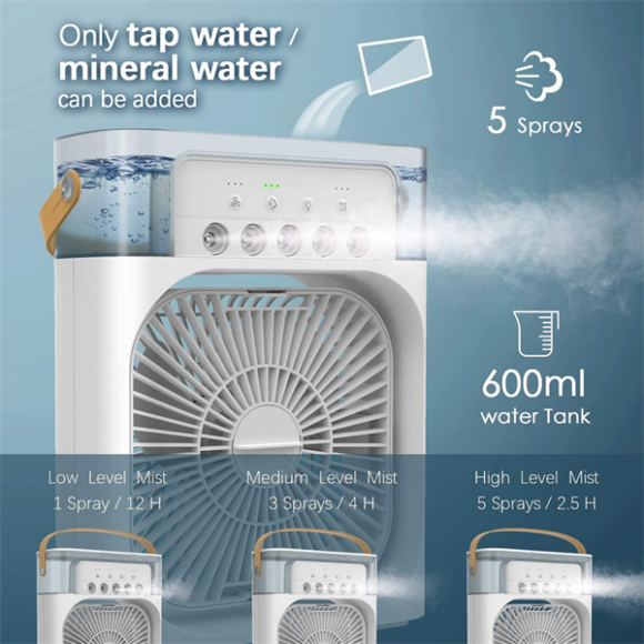 Portable Air Conditioner Fan – Mini Evaporative Air Cooler with 7-Color LED Light, 600ml Water Tank, 3 Wind Speeds, 3 Spray Modes, and Timer for Office, Home, Dorm, or Travel - Image 2